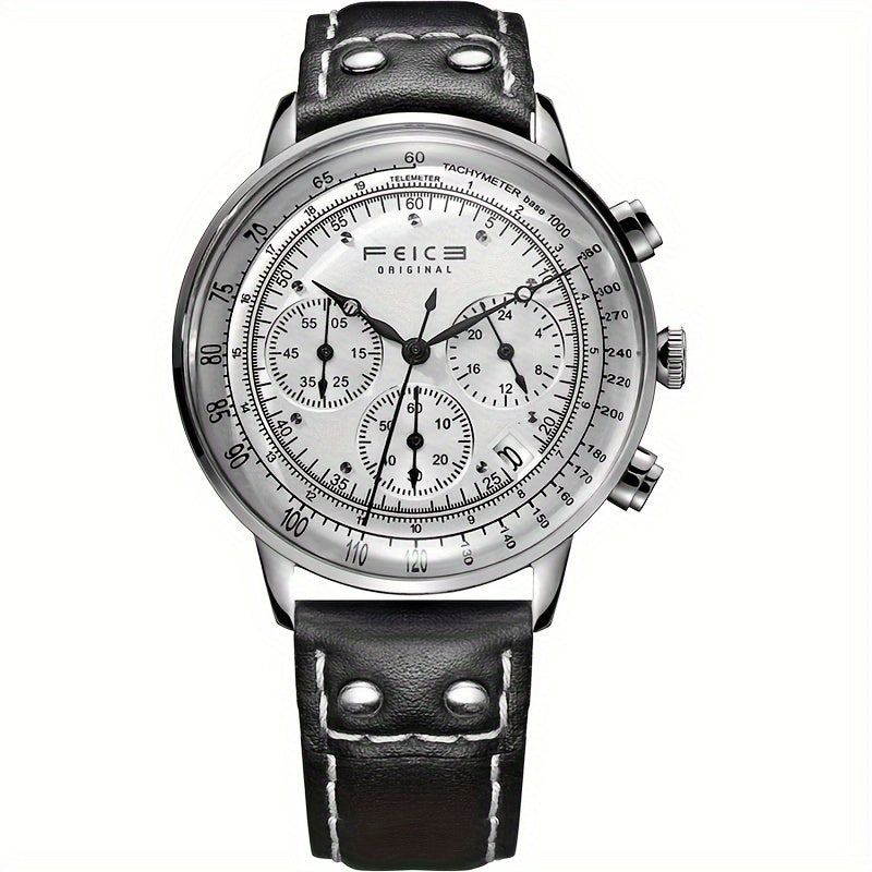 FEICE Brand Aviator Series Hyperbolic Mirror Multifunctional Retro Trend College Style Men's Watches Cowhide Strap Quartz Men's Watches Waterproof Gift For Boyfriend Calendar Running Seconds Chronograph 24 Hours Indication