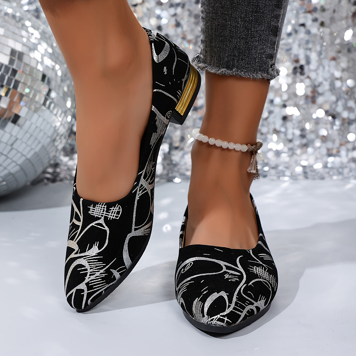 Fashion Women's Shoes, Low-heeled Single Shoes, Ladies' Stylish Single Shoes, Printed Four-season Low-heeled Trendy Women's Shoes
