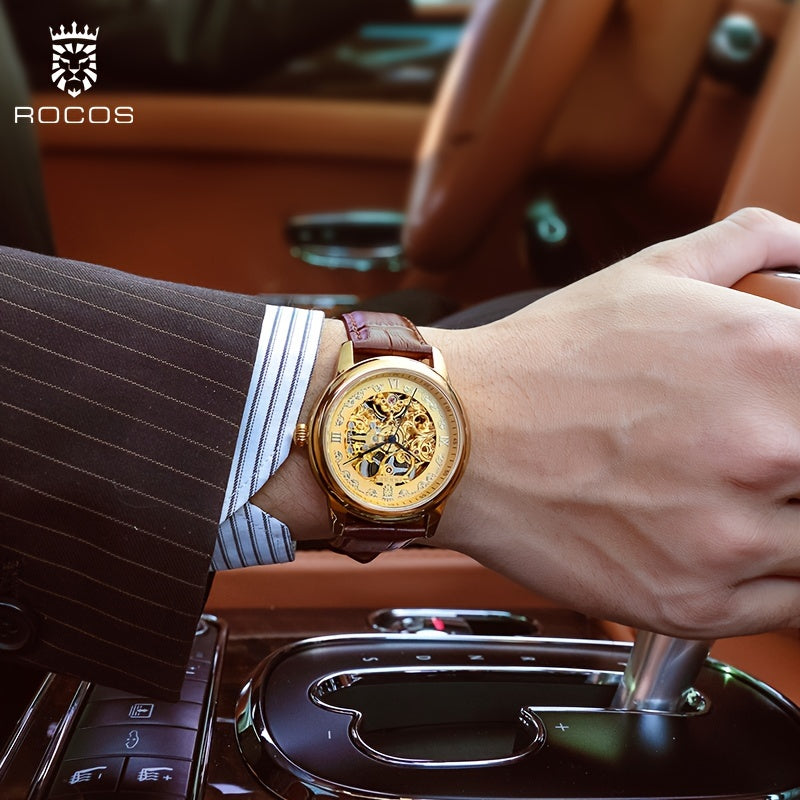 ROCOS Brand Skeleton Carving Series Double Skeletonized Business Vintage Casual Men's Watches Automatic Mechanical Watches Waterproof Men's Watches Calfskin Strap Men's Gifts