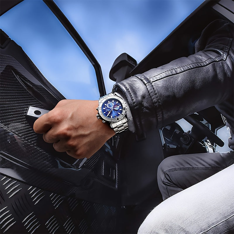 FEICE Brand Sun, Moon And Stars Strong Luminescence Multi-function Three-eye Chronograph Men'S Watches Sports Trend Star Quartz Watch Steel Belt Men'S Watches Gifts For Boyfriends