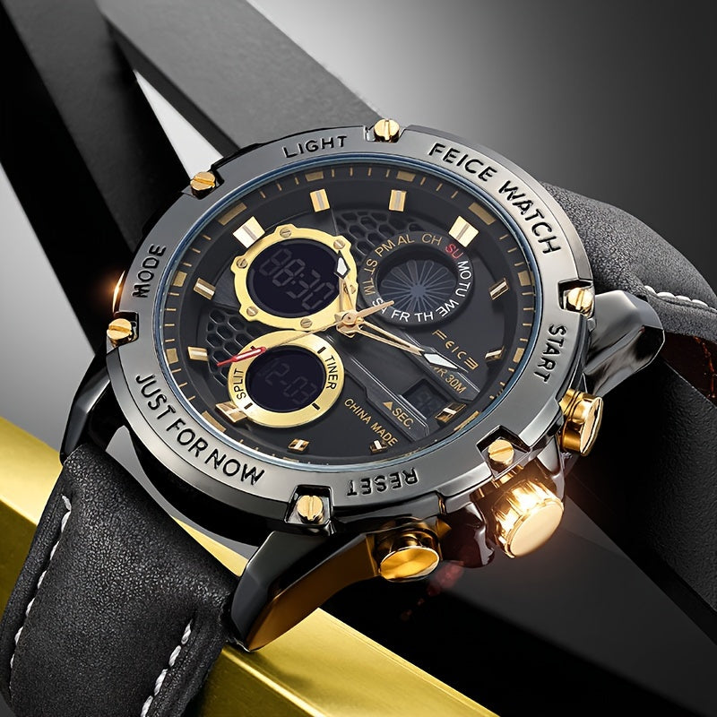 FEICE Brand Braveheart Series Dual Display Dual Movement Multifunction Men's Watches Industrial Style Retro Punk Men's Watches Waterproof Luminous Watches Black Belt Japanese Quartz Movement Chronographs Stopwatches Calendars