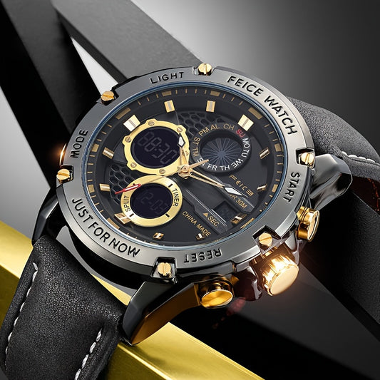 FEICE Brand Braveheart Series Dual Display Dual Movement Multifunction Men's Watches Industrial Style Retro Punk Men's Watches Waterproof Luminous Watches Black Belt Japanese Quartz Movement Chronographs Stopwatches Calendars