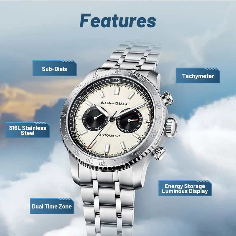 Seagull 43mm Men Automatic Mechanical Watch Panda Eye GMT Dual Calendar Wristwatch Tachymeter Pilot Watches Clock 6177 2025 New