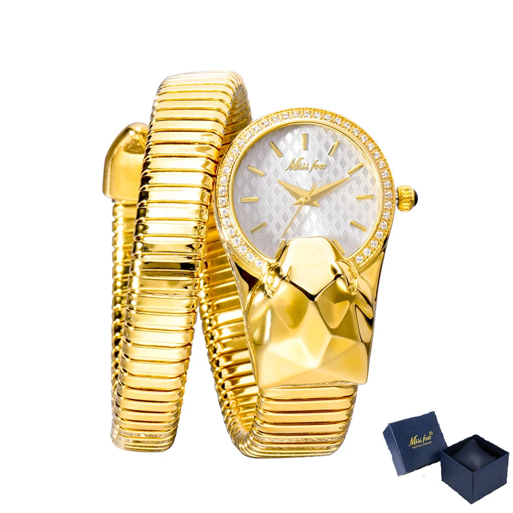 MISSFOX Snake Shape Diamond Watch For Women Luxury Brand Red Dial Ladies Gold Iced Out Watch Analog Quartz Movt Unique Watch