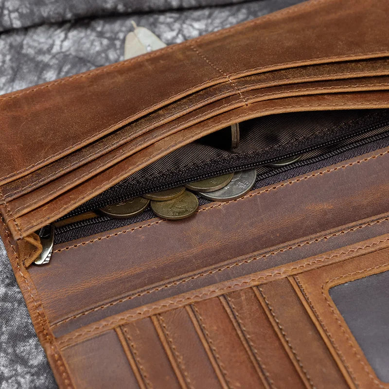 Luufan High Quality Genuine Leather Long Wallet Bifold Men Purse With Photo Coin Business Card Slot Leather Male Wallet Brown