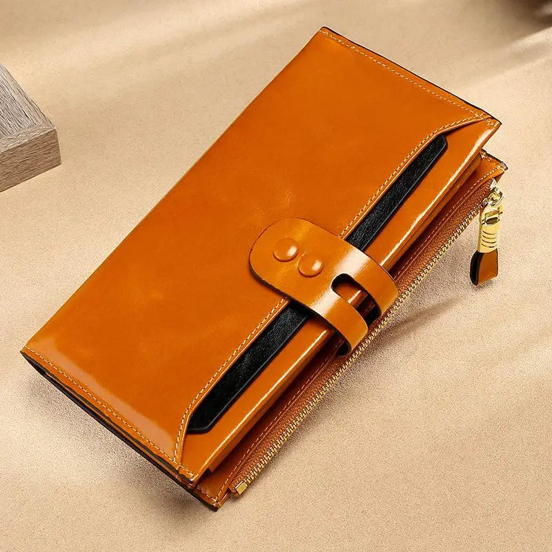 RFID Blocking Genuine Leather Women Wallet Long Lady Leather Purse Brand Design Luxury Oil Wax Leather Female Wallet Coin Purse