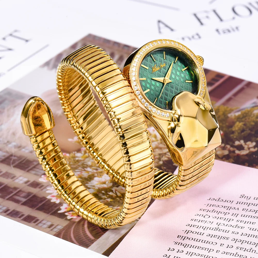 MISSFOX Snake Shape Diamond Watch For Women Luxury Brand Red Dial Ladies Gold Iced Out Watch Analog Quartz Movt Unique Watch
