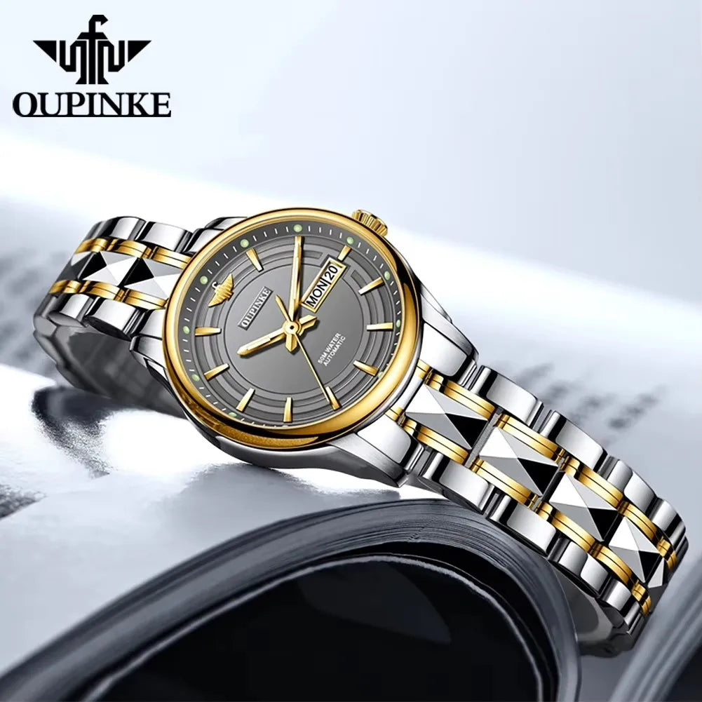 OUPINKE 3170 Women's Watches Fashion Tungsten Steel Strap Waterproof Dual Calendar Ladies Wristwatches Automatic Mechanical Watch