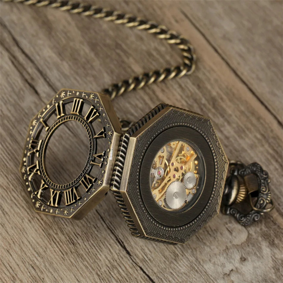 Antique Bronze/Black/Silver/Red Copper Octagon Hollow Roman Numerals Mechanical Pocket Watch Hand Winding Pendant Pocket Clock
