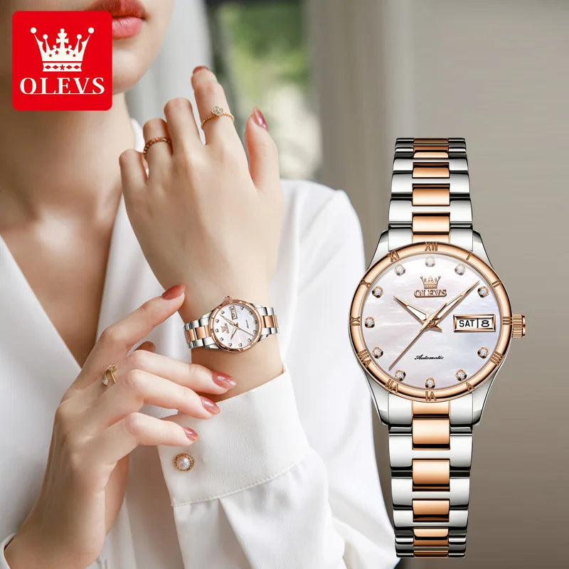 OLEVS 7030 Luminous Hands Diamond Watch Date Display Complete Calendar Function Automatic Mechanical Women's Watches for Ladies