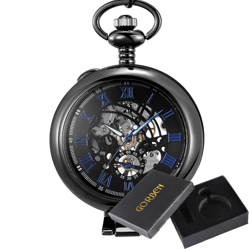 Gorben Transparent Cover Mechanical Pocket Watch Men Fashion Retro Casual Skeleton Dial Silver Hand Wind Male Fob Chain Watches