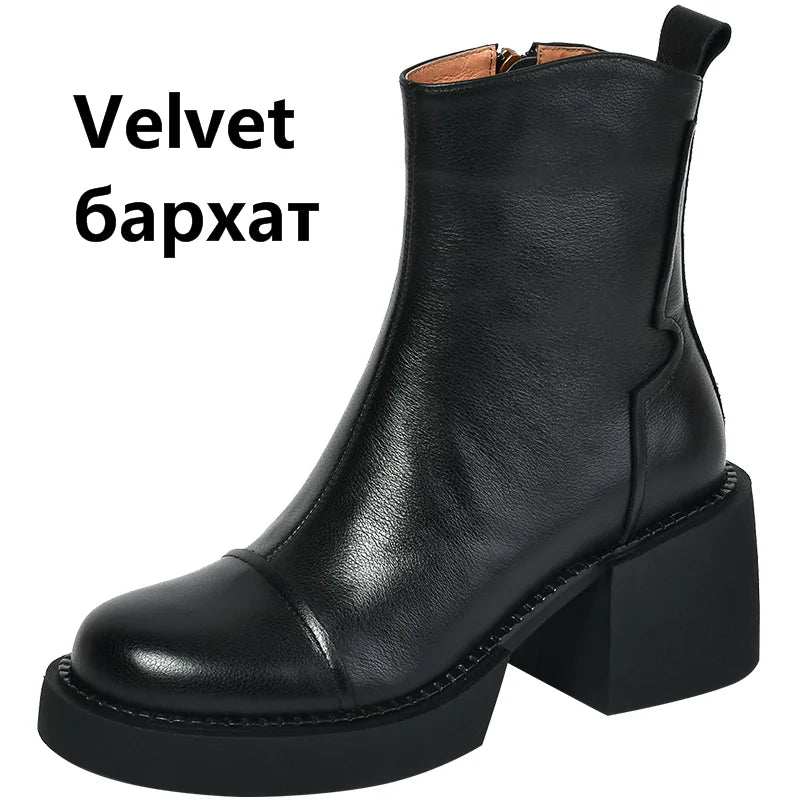 FEDONAS Retro Mature Female Concise Women Ankle Boots Genuine Leather Thick Heels Autumn Winter Side Zipper Office Shoes Woman