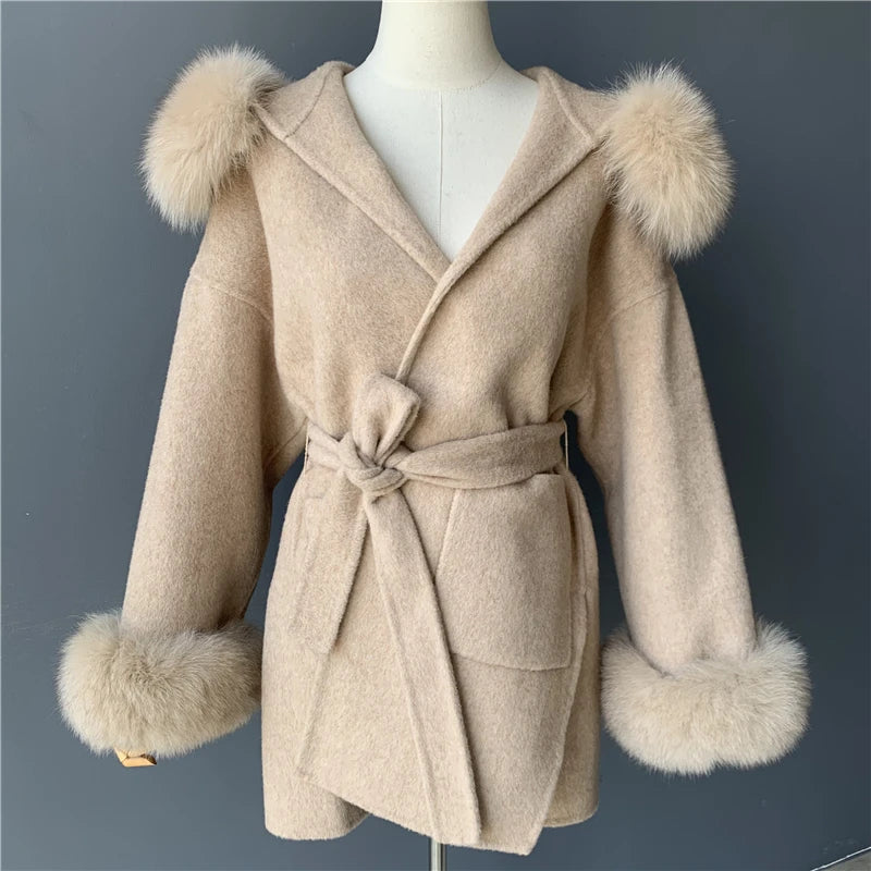 2024 Real Fur Coat Hood Winter Jacket Women 100% Natural Fox Fur Collar Cuffs Cashmere Wool Blend Oversize Outerwear New Loose