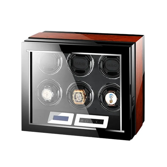 Luxury Mechanical Watch Winder Boxes Wood Smart Watches Box 6 Slots LED Display