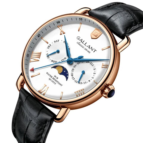 GALLANT Quartz Watch Luxury Moon Phase Leather Wristwatch Waterproof Dress Vintage Relogio Masculino