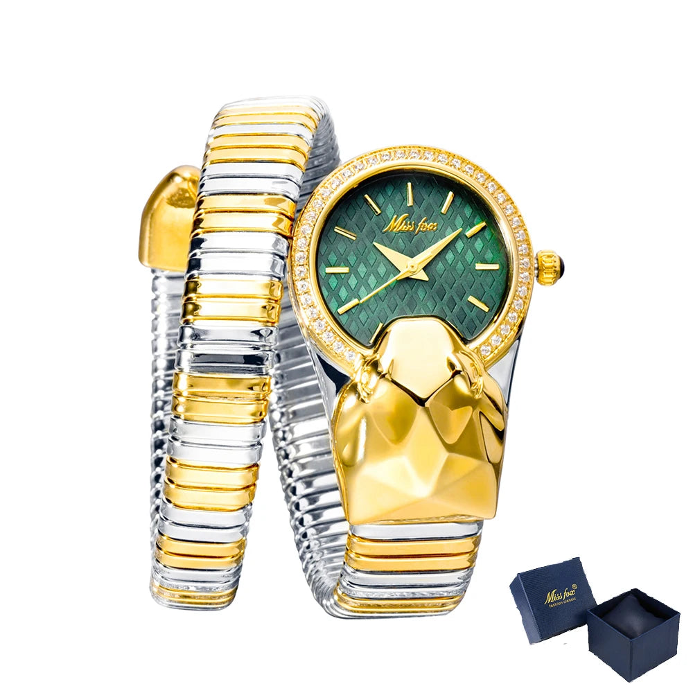MISSFOX Snake Shape Diamond Watch For Women Luxury Brand Red Dial Ladies Gold Iced Out Watch Analog Quartz Movt Unique Watch