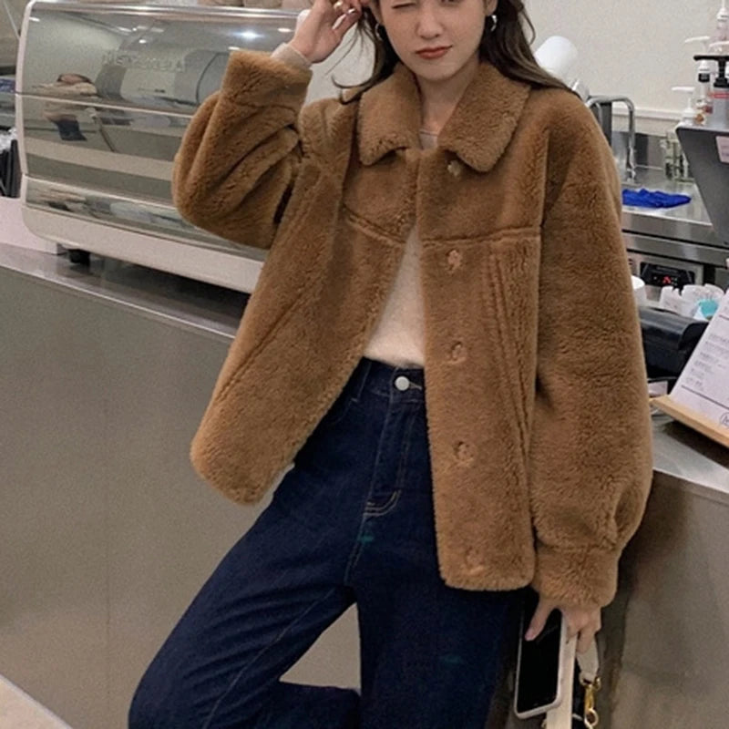 100% Wool Coat 2024 Autumn Winter Women Solid Lamb Fur Jacket Mujer One Fur Thick Warm Korean Sheep Shearing Short Manteau Femme
