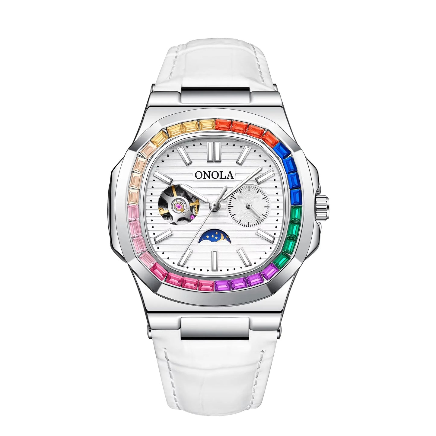 ONOLA 3855CH Fashion Colorful Diamond Hollow Fully Automatic Mechanical Men's and Women's Watches Waterproof Leather Men's Clock