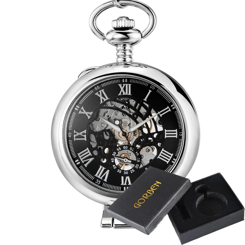 Gorben Transparent Cover Mechanical Pocket Watch Men Fashion Retro Casual Skeleton Dial Silver Hand Wind Male Fob Chain Watches
