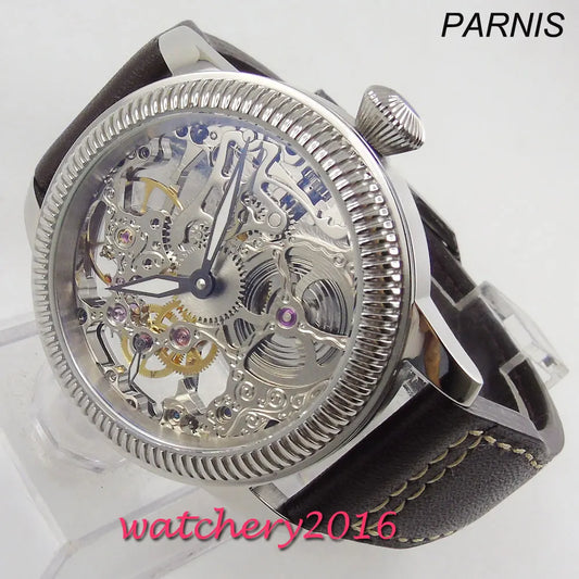 44mm PARNIS Hollow Men's Watch Luminous Hands 17 Jewels Mechanical 6497 Skeleton Hand Winding Movement Men's Watch
