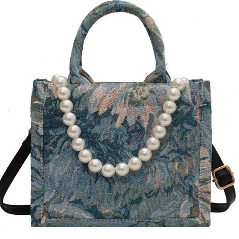 Unusual Design Denim Handbags for Women 2021Autumn New Luxury Woman Canvas Tote Bag Pearl Bead Decorated Diagonal Crossbag Femme