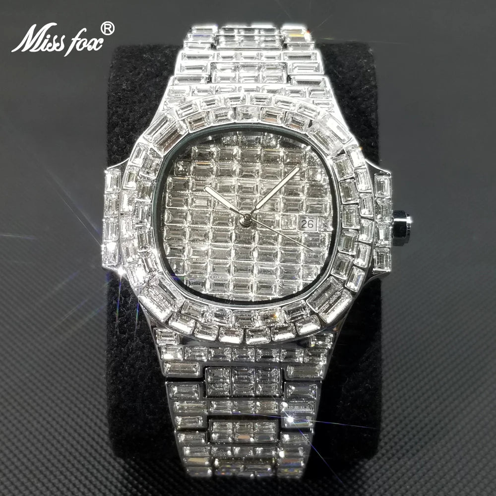 MISSFOX New Ice Out Watches For Men Top Brand Stainless Steel Automaitc Date Clock Fashion Hip Hop Full Diamond Bling Watch Male