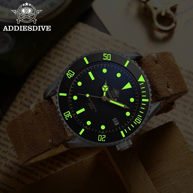 ADDIESDIVE 2101 Men's Automatic Watch NH35 Stainless Steel Wrist Watch Black Matte Dial Super Luminous 200m Diving Watches