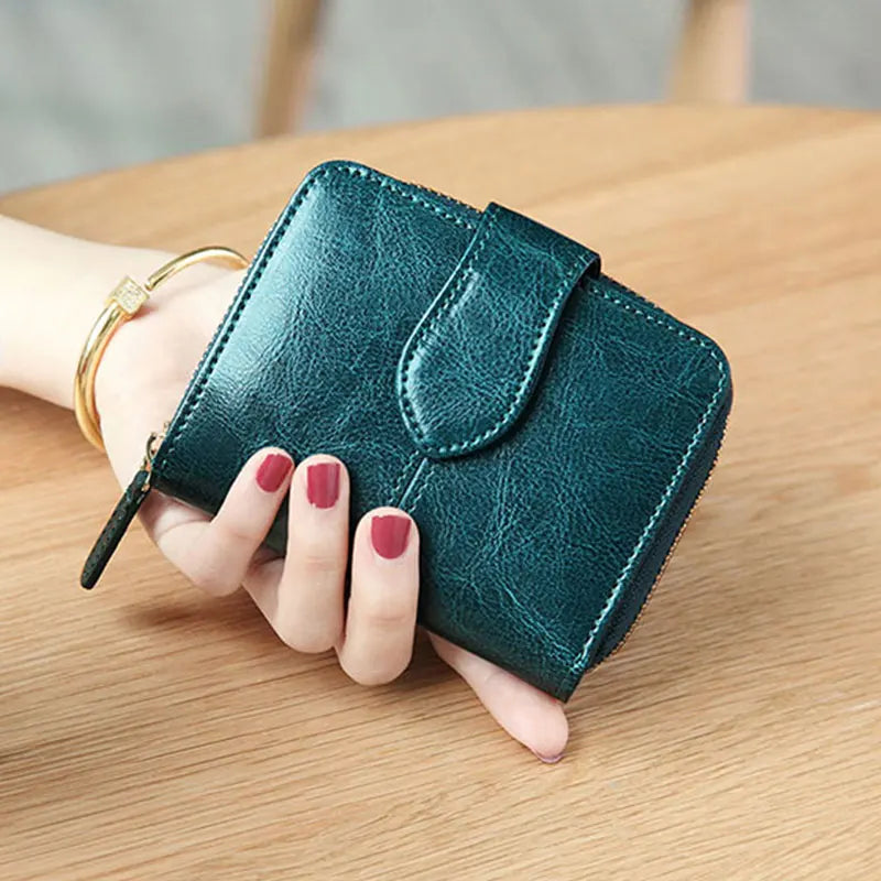 Billfold Oil Wax Genuine Leather Wallets Women Short Mini Clutch Purse Soild Coin Pocket Credit Card Holder Cowhide Bag