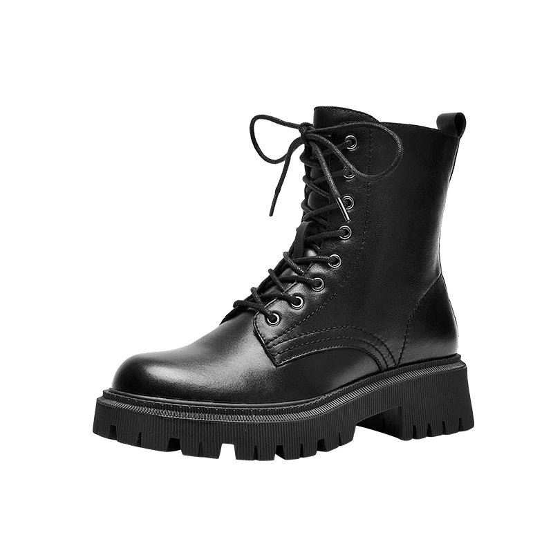 BeauToday Ankle Boots Women Platform Cow Leather Round Toe Lace-Up Zipper Closure Autumn Winter Shoes Thick Sole Handmade 04420