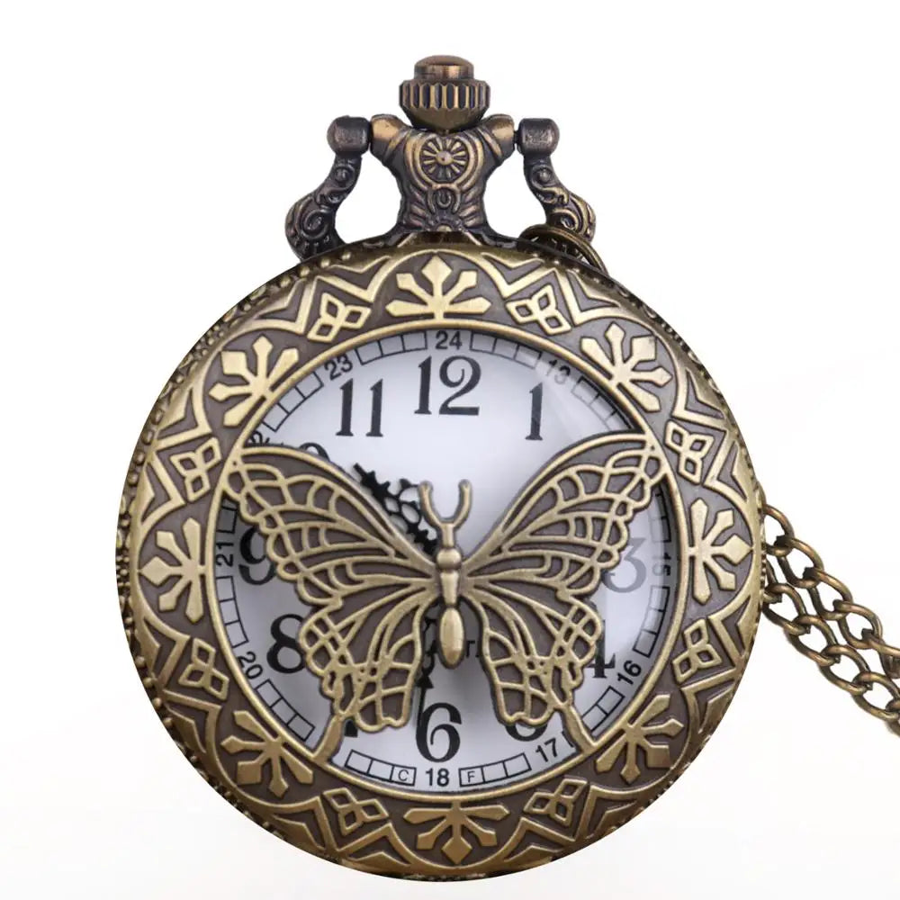 Vintage Butterfly Carving Hollow Design Pocket Watch Mens Womens Necklace Pendant Quartz Fob Watch Mens Womens Gifts