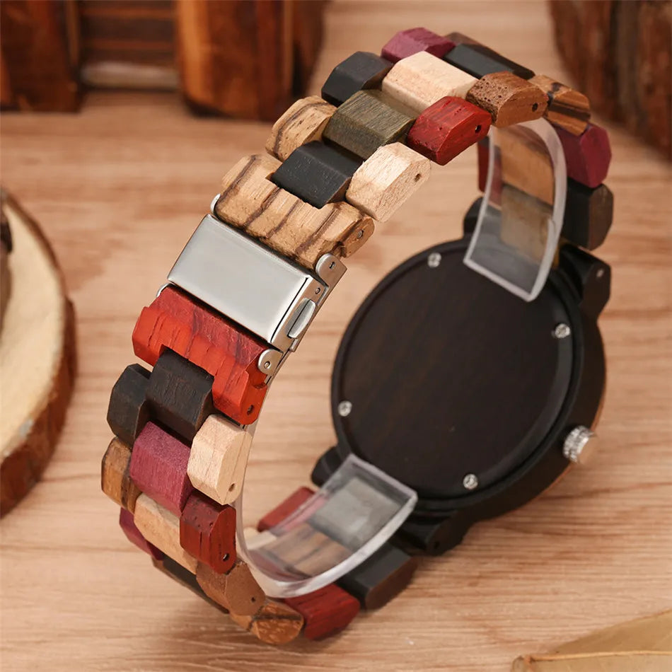 Full Wood Women Bracelet Watch Blue Lava Dial Mixed Color Wooden Watch Band Trend Lady Quartz Wristwatch Female Timepiece