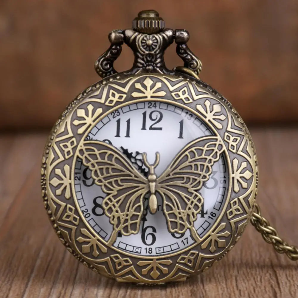 Vintage Butterfly Carving Hollow Design Pocket Watch Mens Womens Necklace Pendant Quartz Fob Watch Mens Womens Gifts