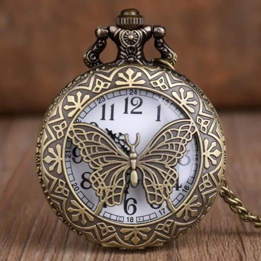 Vintage Butterfly Carving Hollow Design Pocket Watch Mens Womens Necklace Pendant Quartz Fob Watch Mens Womens Gifts