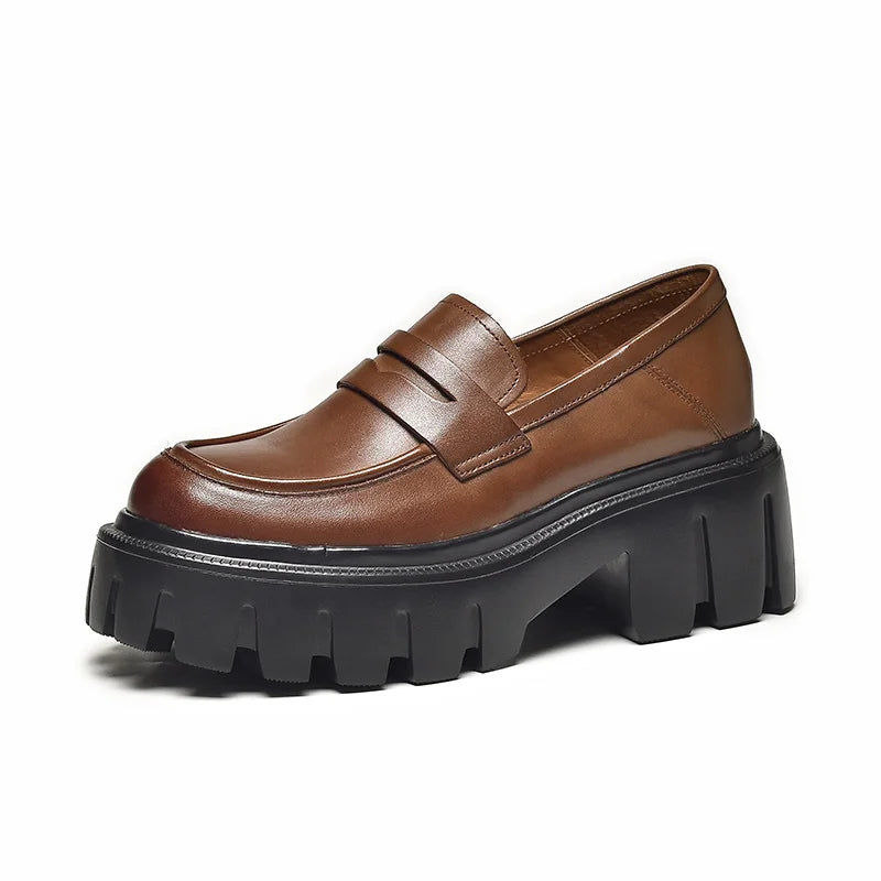 BEAUTODAY Platform Penny Loafers Women Genuine Cow Leather Round Toe 2023 Slip On Chunky Sole Ladies Casual Shoes Handmade 27733
