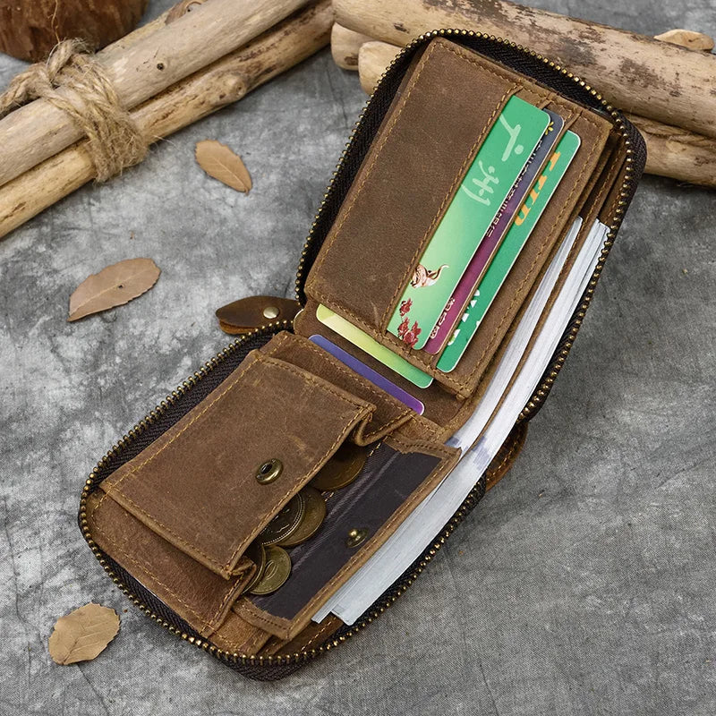 Luufan Genuine Leather Short Wallet Men Women Natural Cowskin Short Purse With Coin Pocket Zipper Around Card Purse Small Wallet