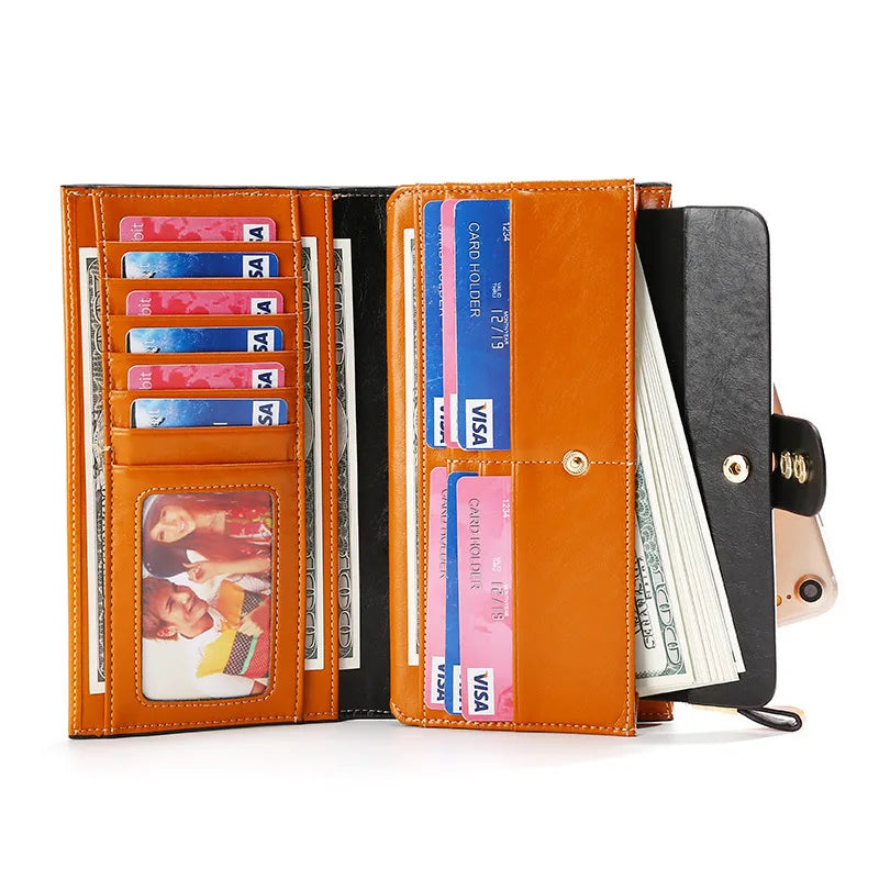 RFID Blocking Genuine Leather Women Wallet Long Lady Leather Purse Brand Design Luxury Oil Wax Leather Female Wallet Coin Purse
