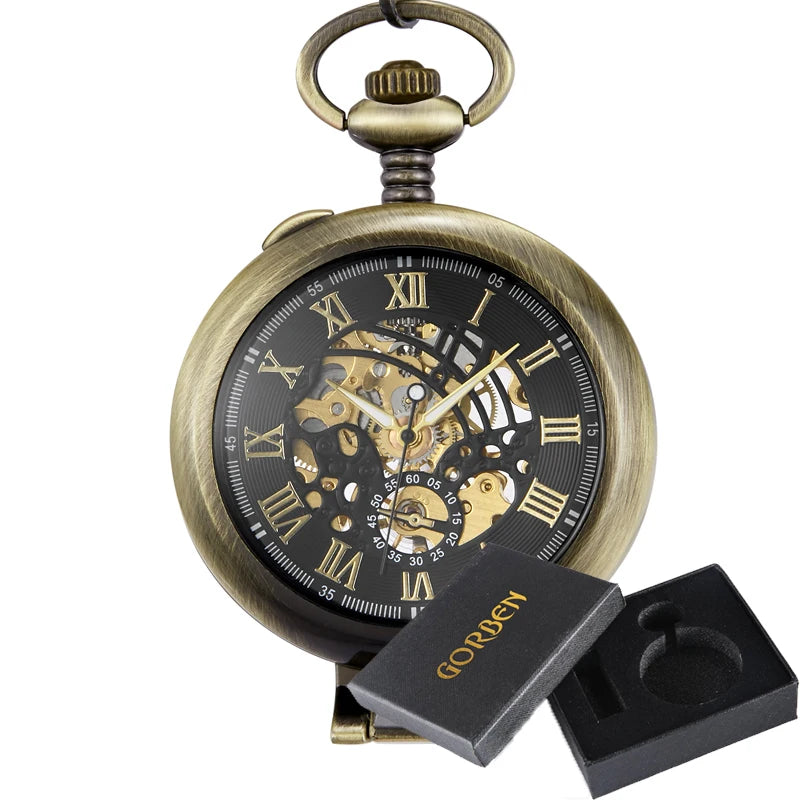 Gorben Transparent Cover Mechanical Pocket Watch Men Fashion Retro Casual Skeleton Dial Silver Hand Wind Male Fob Chain Watches