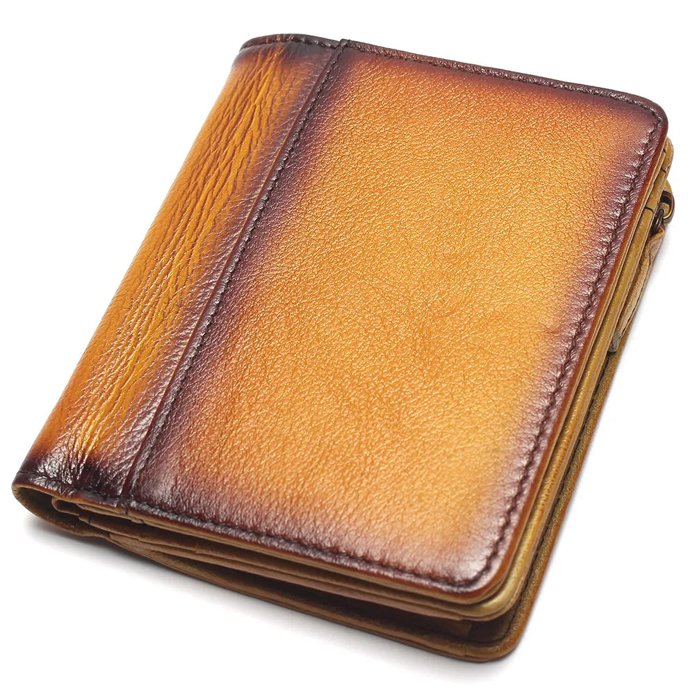 Natural Leather RFID Blocking Men's Top Layer Brushed Wallet Handmade Retro Pure Coin Purse