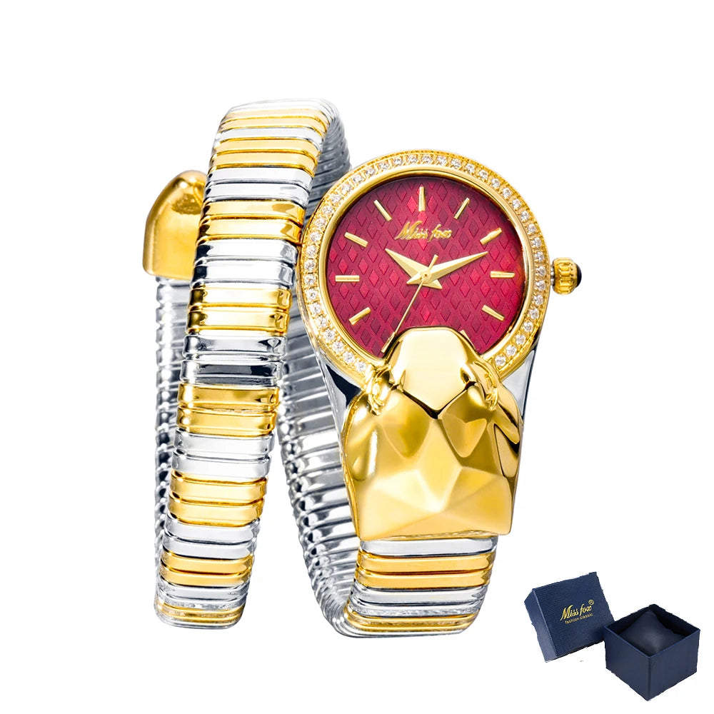 MISSFOX Snake Shape Diamond Watch For Women Luxury Brand Red Dial Ladies Gold Iced Out Watch Analog Quartz Movt Unique Watch