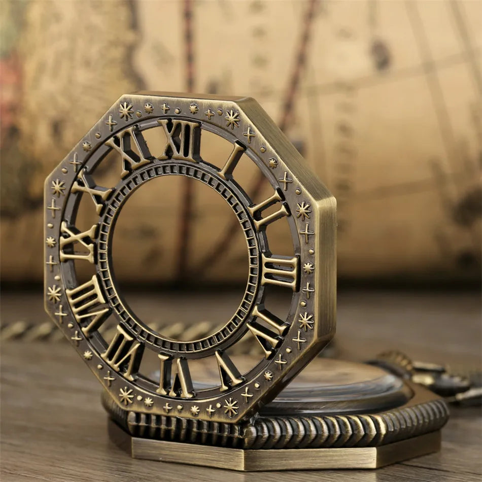 Antique Bronze/Black/Silver/Red Copper Octagon Hollow Roman Numerals Mechanical Pocket Watch Hand Winding Pendant Pocket Clock