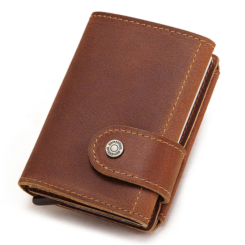 Cowhide Leather Pop-Up Credit Card Holder RFID Blocking Bank Card Case Minimalist Wallet for Men Money Clip with Coin Pocket