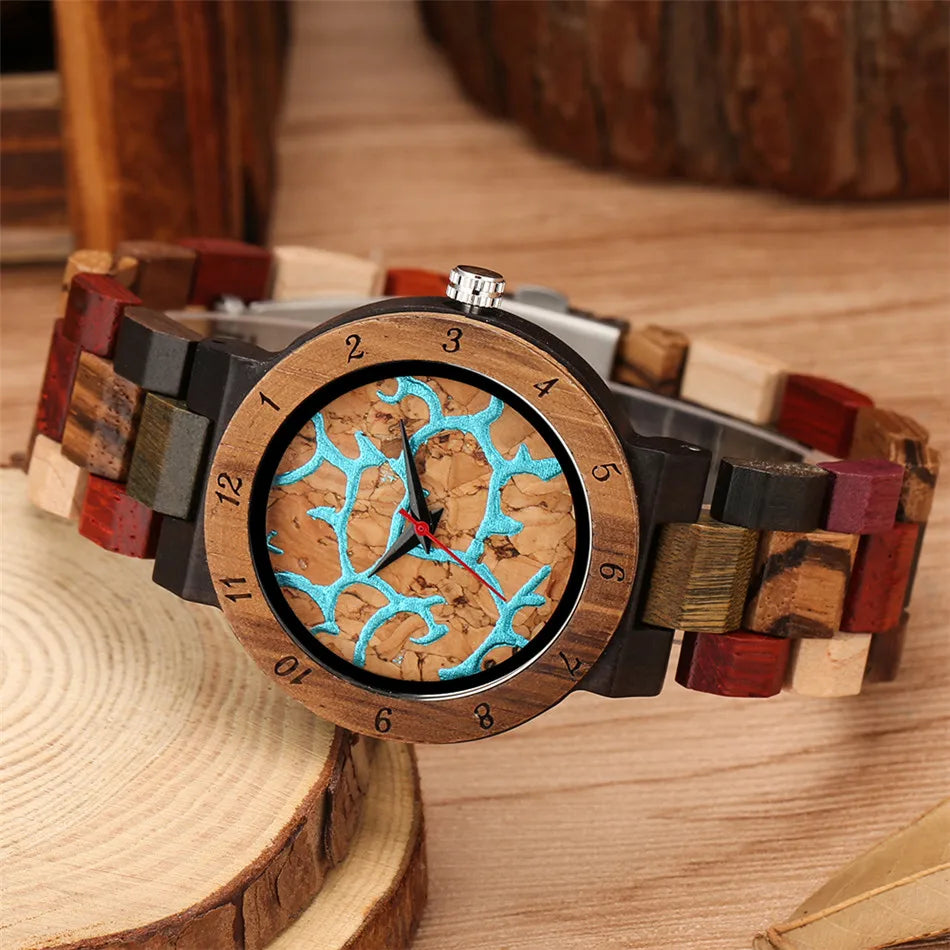 Full Wood Women Bracelet Watch Blue Lava Dial Mixed Color Wooden Watch Band Trend Lady Quartz Wristwatch Female Timepiece