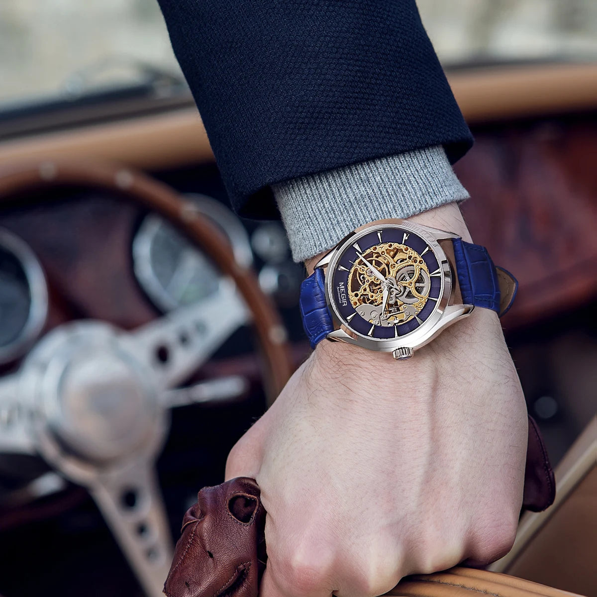 MEGIR Men's Watches Hollow Out Mechanical Watch Automatic Waterproof Wristwatch Leather Strap Business Casual Clock 62020