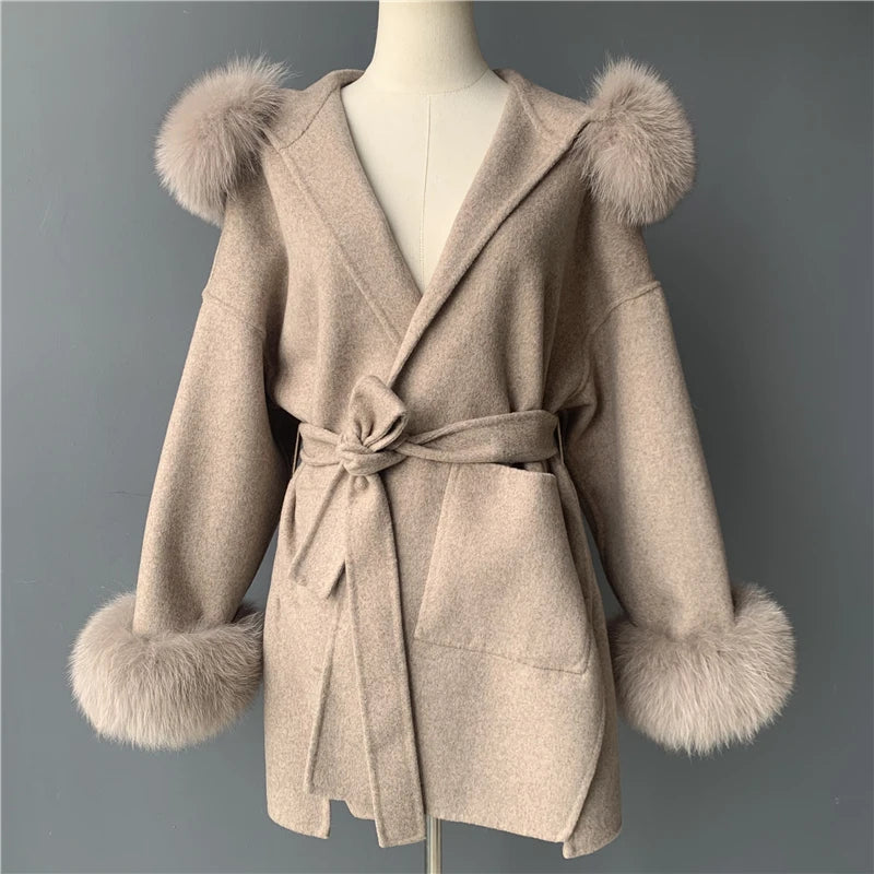 2024 Real Fur Coat Hood Winter Jacket Women 100% Natural Fox Fur Collar Cuffs Cashmere Wool Blend Oversize Outerwear New Loose