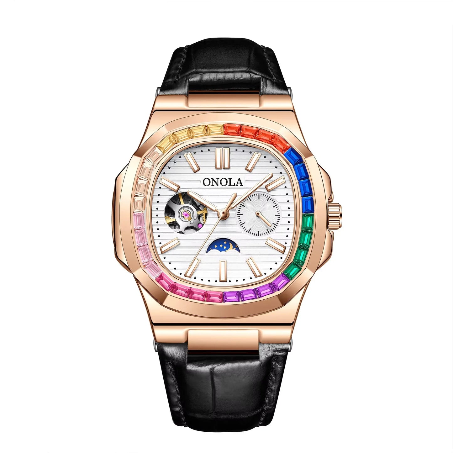 ONOLA 3855CH Fashion Colorful Diamond Hollow Fully Automatic Mechanical Men's and Women's Watches Waterproof Leather Men's Clock