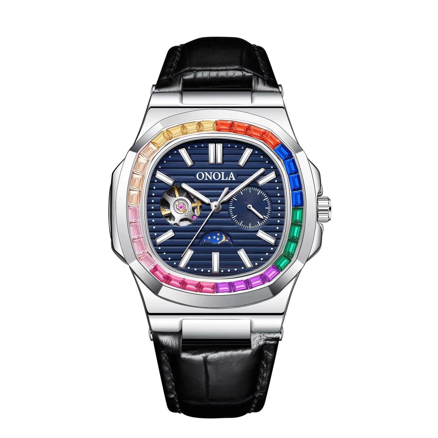 ONOLA 3855CH Fashion Colorful Diamond Hollow Fully Automatic Mechanical Men's and Women's Watches Waterproof Leather Men's Clock
