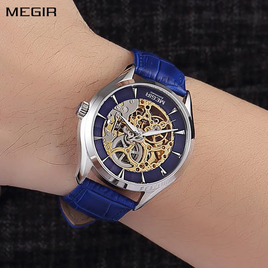 MEGIR Men's Watches Hollow Out Mechanical Watch Automatic Waterproof Wristwatch Leather Strap Business Casual Clock 62020
