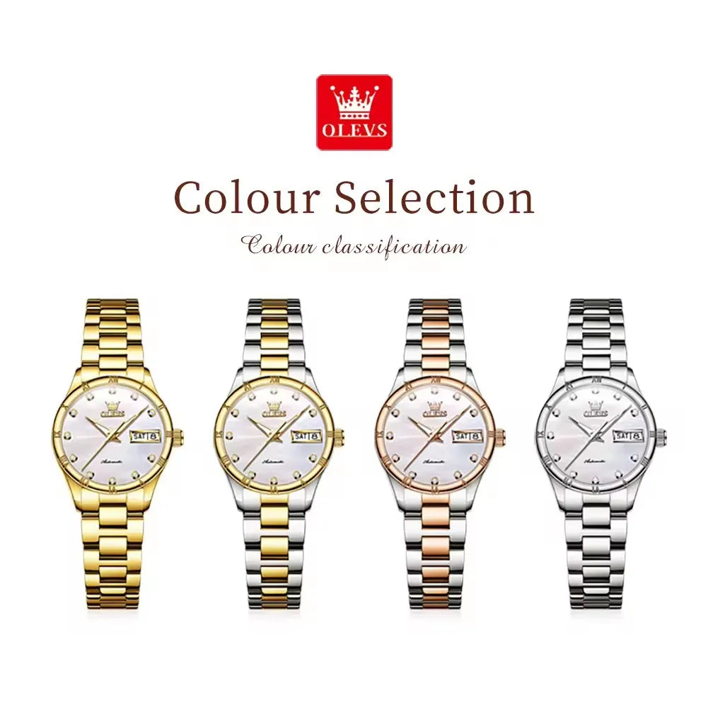 OLEVS 7030 Luminous Hands Diamond Watch Date Display Complete Calendar Function Automatic Mechanical Women's Watches for Ladies