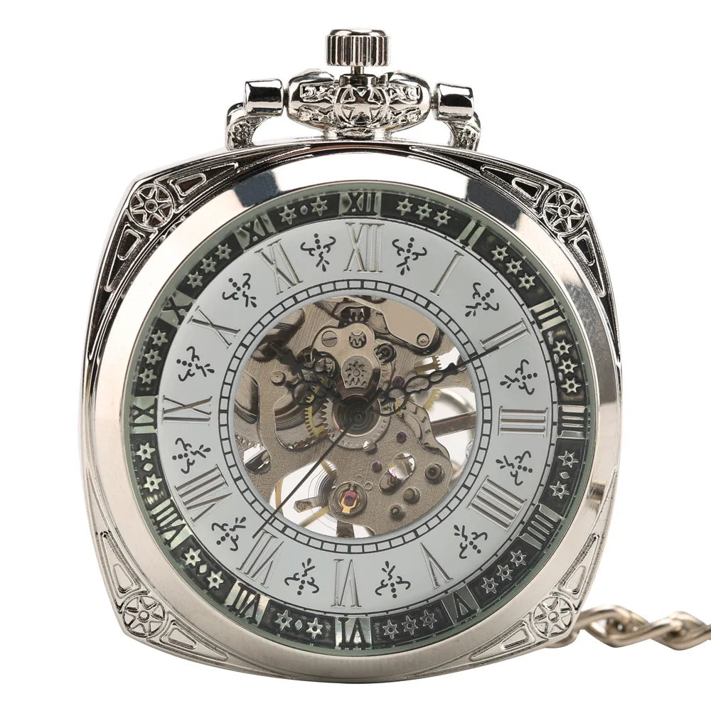 Silver Roman Numeral Square Dial Mechanical Hand Winding Pocket Watch Open Face Elegant Retro Pendant Manual Mechanism Timepiece
