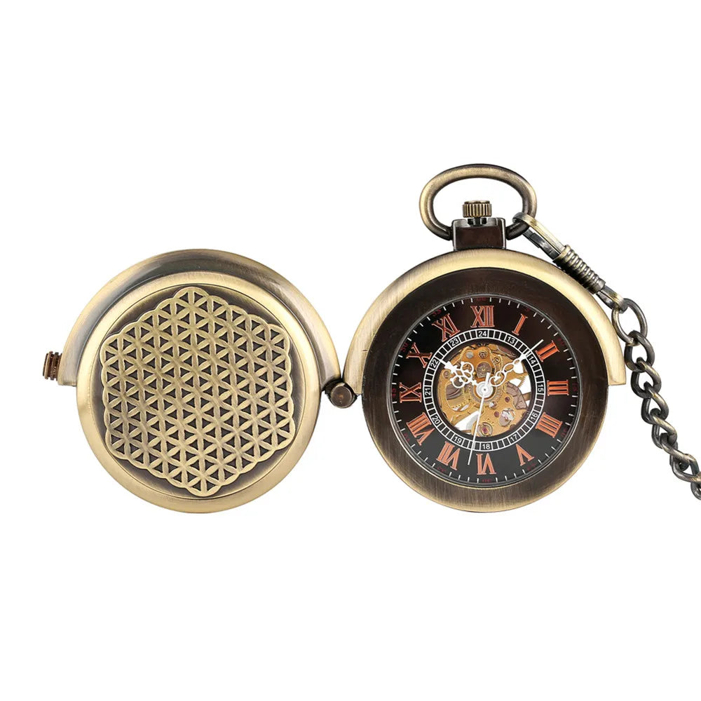 Steampunk Bronze Mechanical Pocket Watch Retro Creative Rotating Cover Roman Numeral Display Manual Mechanism Pendant Male Clock